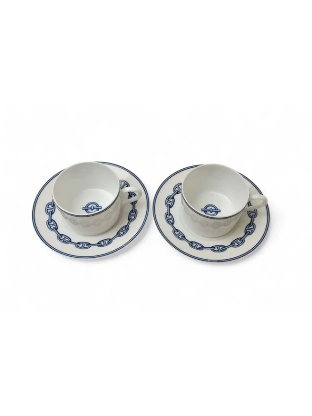 Hermes Set Of 2 Cups And Saucers Pottery Chaine D'Ancre Blue White